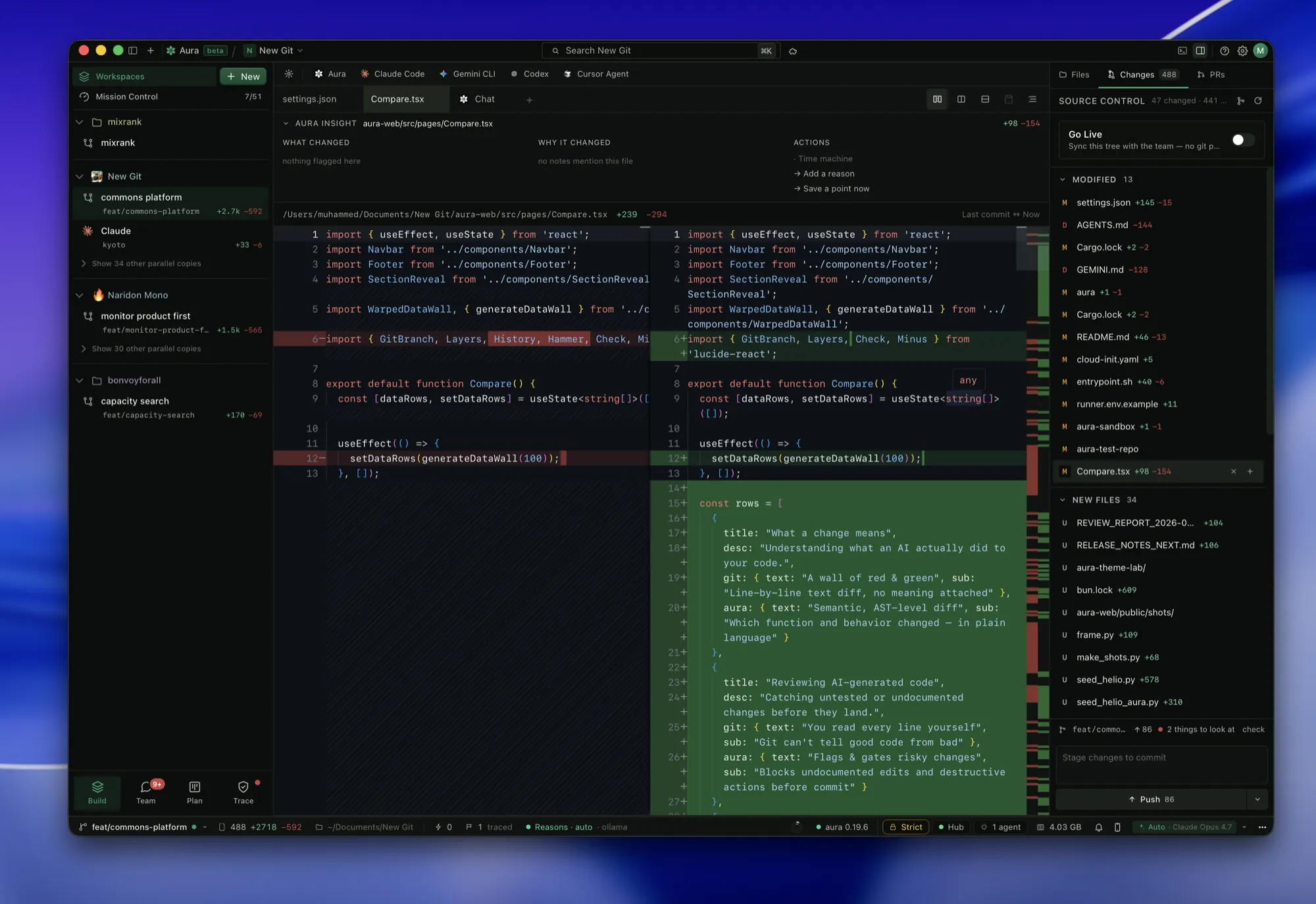 A split before/after diff beneath a WHY IT CHANGED header, with the changed-files list docked at the right.