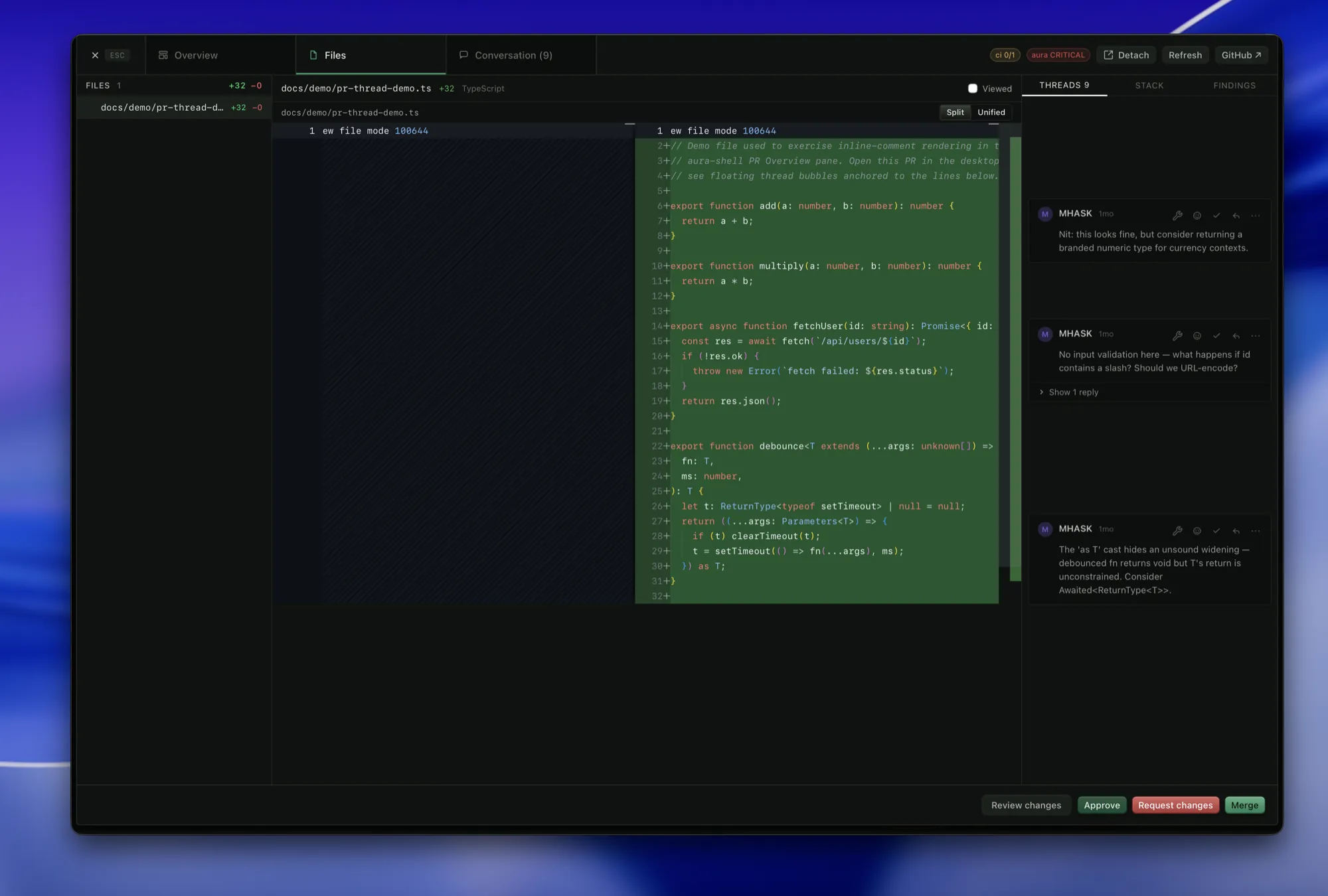 A side-by-side diff on the Files tab next to a column of Aura review comments flagging validation and naming.