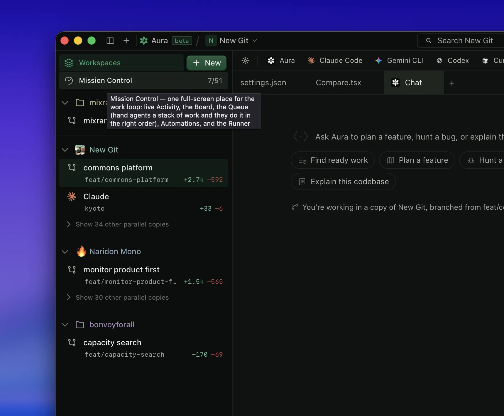The Workspaces rail of repos, branches and parallel copies beside a chat composer and engine tabs.