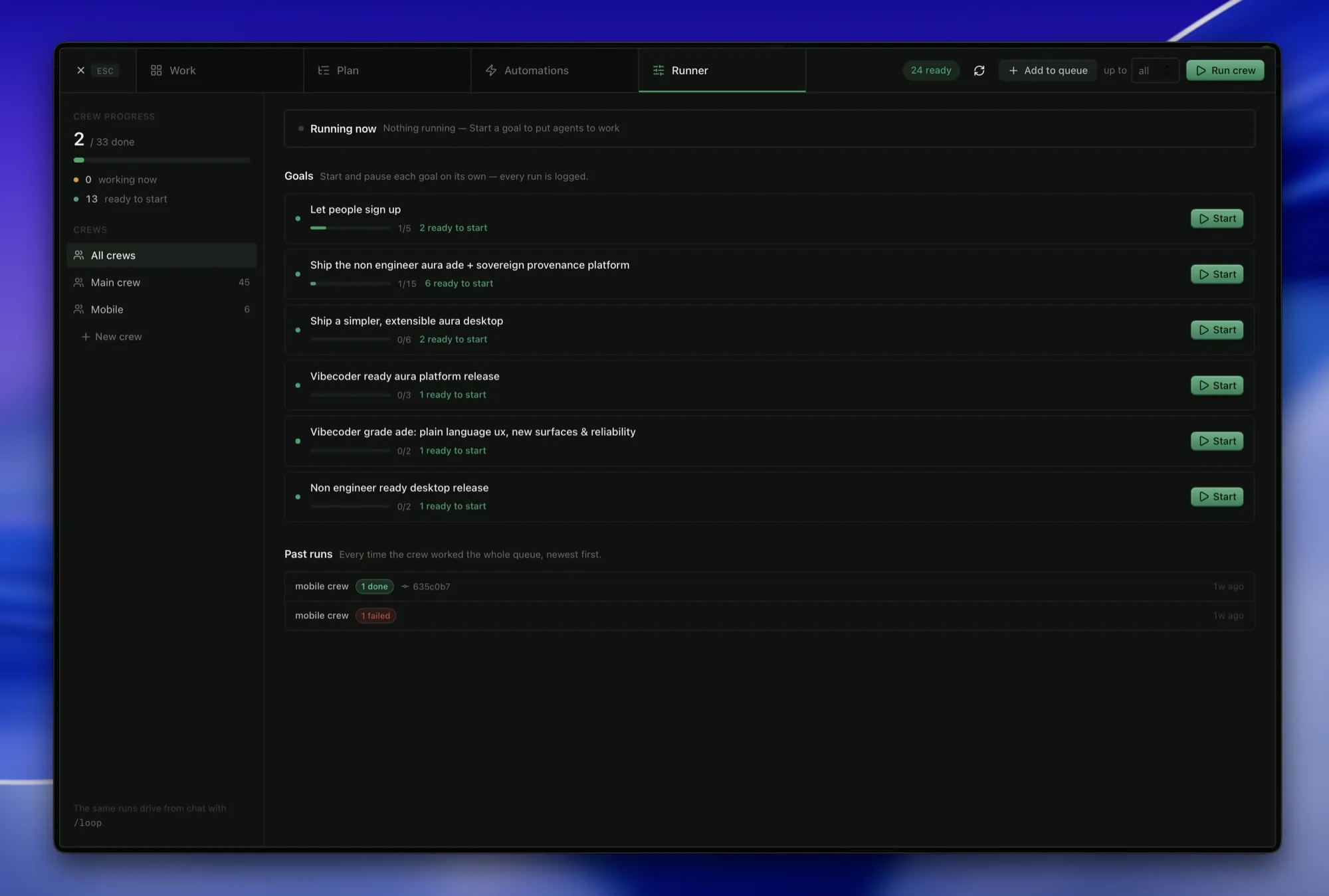 The Runner view showing crew progress, a crews sidebar, start-able goals with ready counts, and past runs.