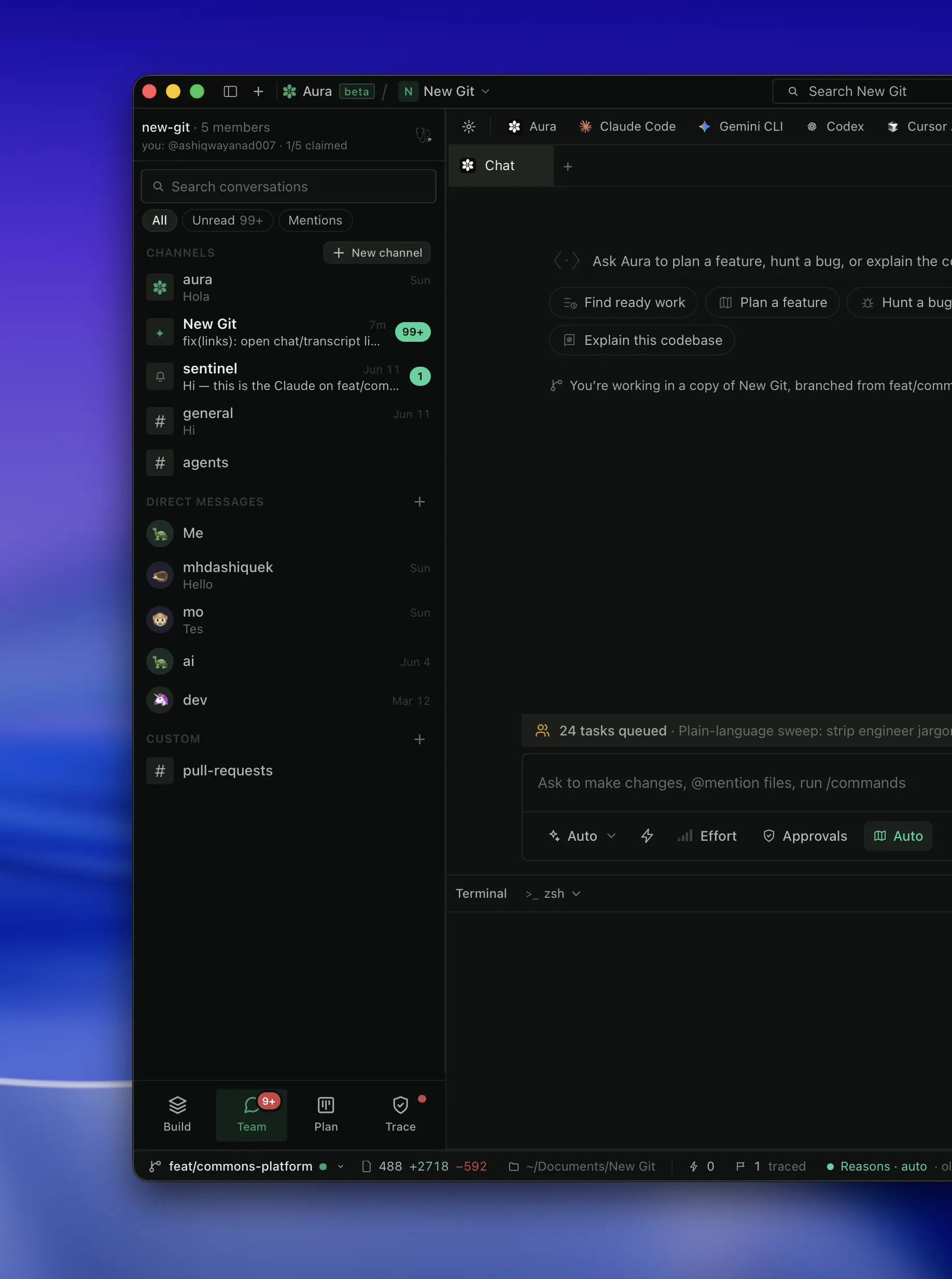 The Team surface: channels and direct messages at left, an Aura chat with engine tabs and starter prompts.