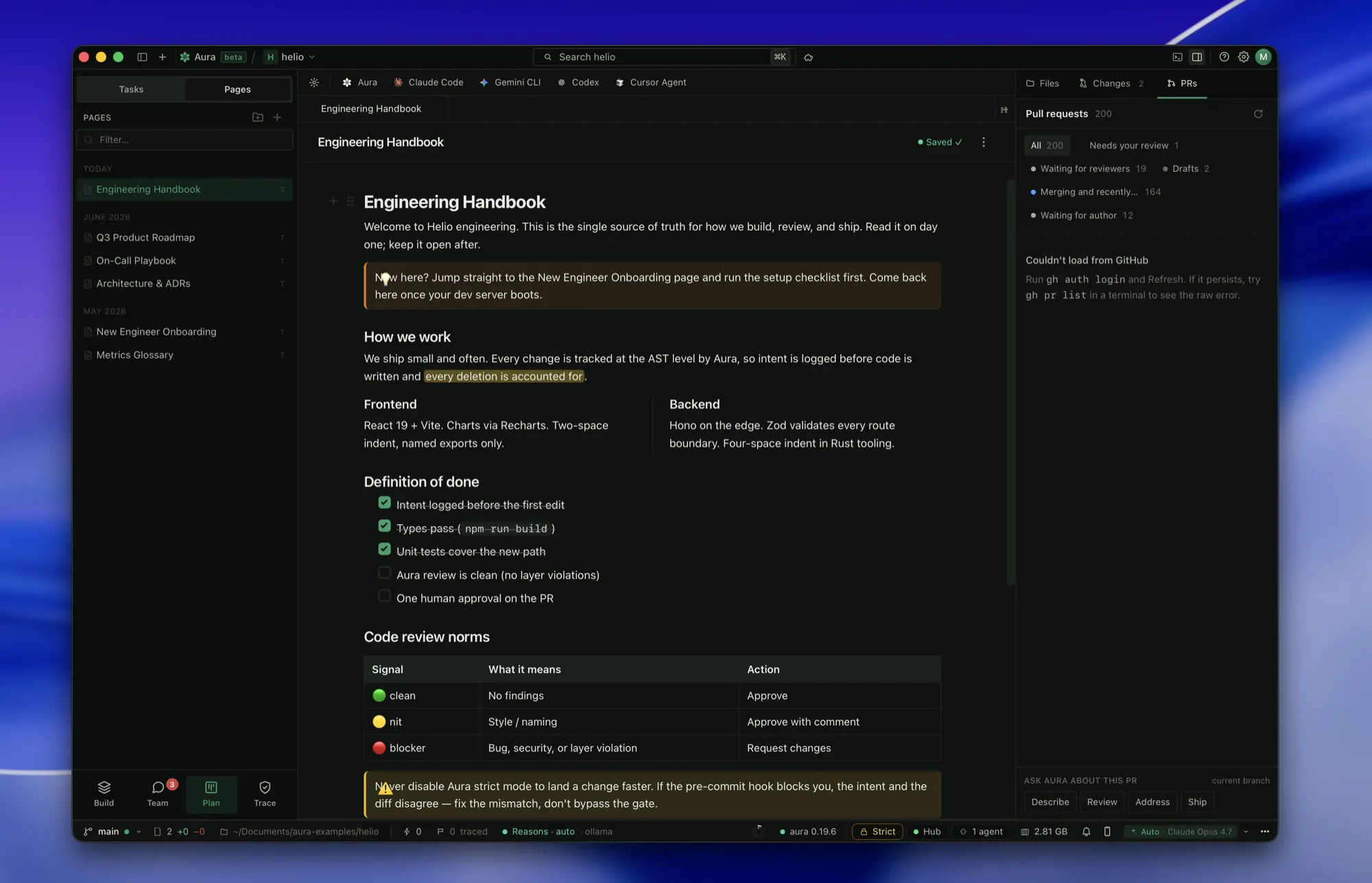 A Pages document with a how-we-work section and a definition-of-done checklist, next to the Pages tree.