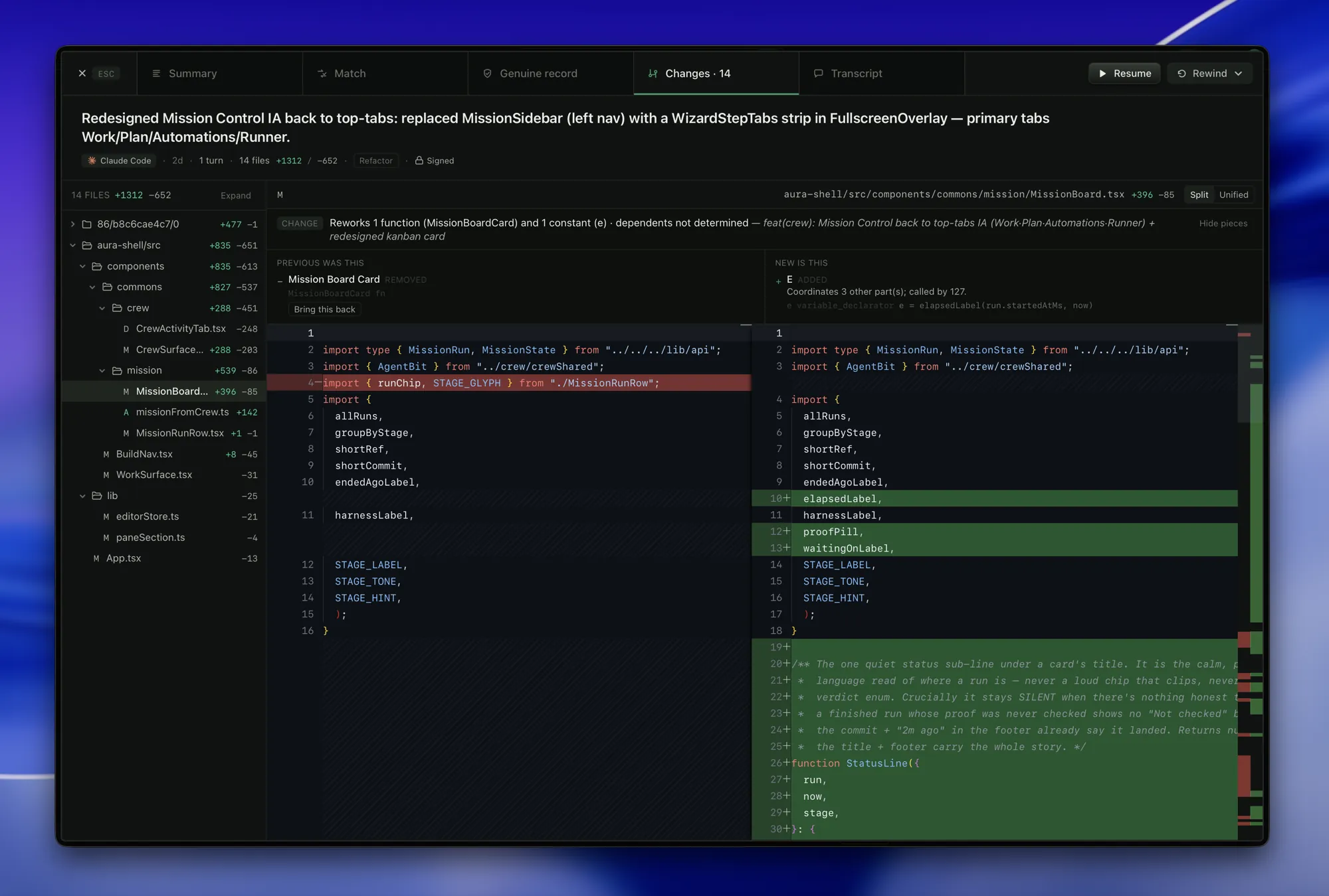 A why-this-changed header reading “rewrote one function and one constant” above an old-versus-new split diff.