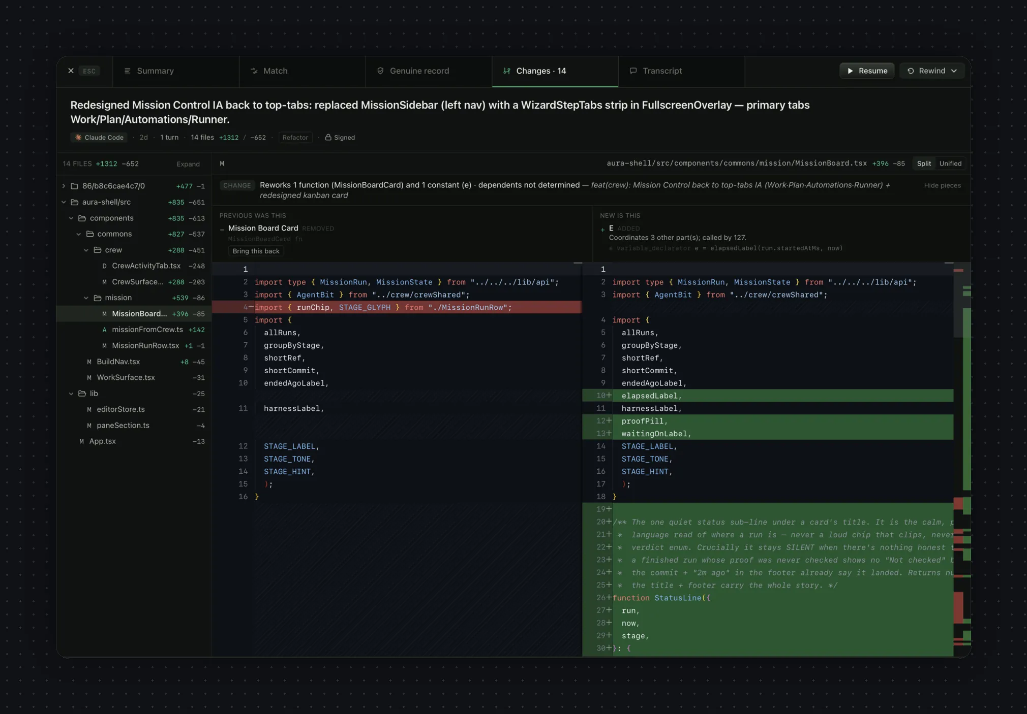 The Intent-to-AST view placing the stated intent beside the real syntax-tree changes it produced.